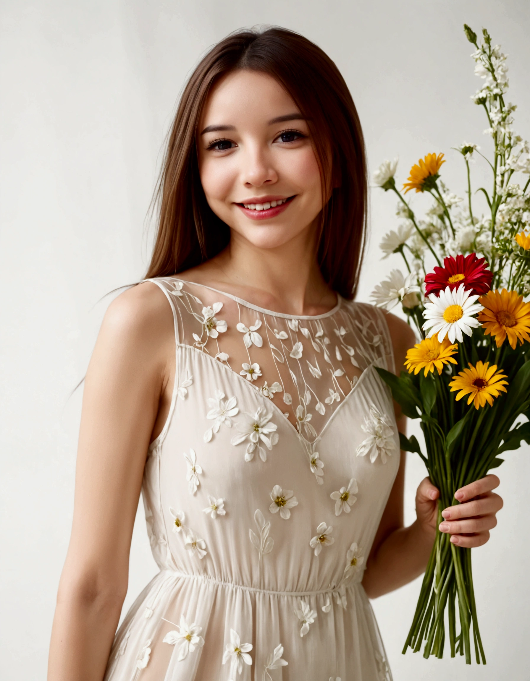 A lovely woman (simple sheer dress, joyous expression, pure love), posing near a flower vase, plain white room backdrop, well lit