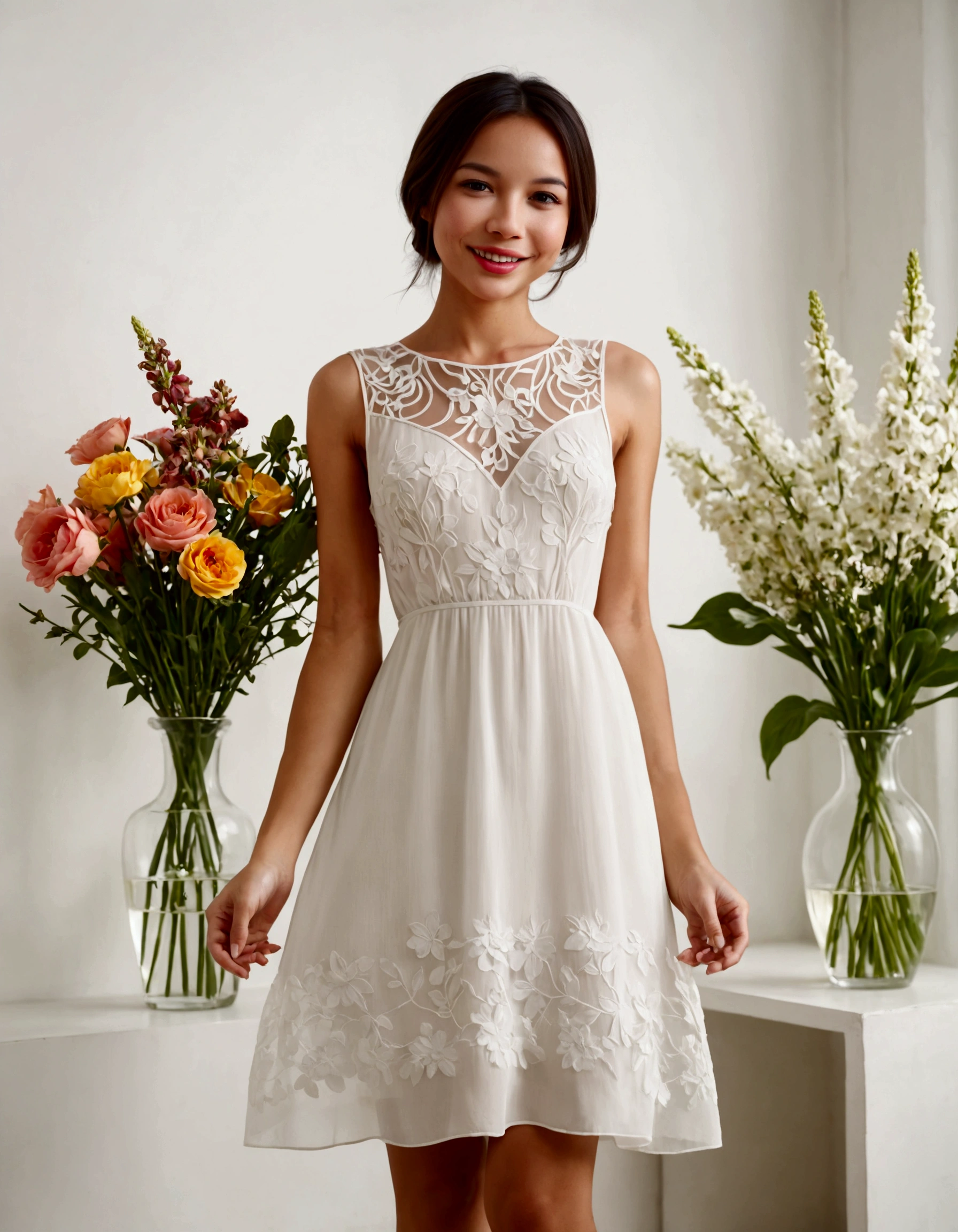 A lovely woman (simple sheer dress, joyous expression, pure love), posing near a flower vase, plain white room backdrop, well lit