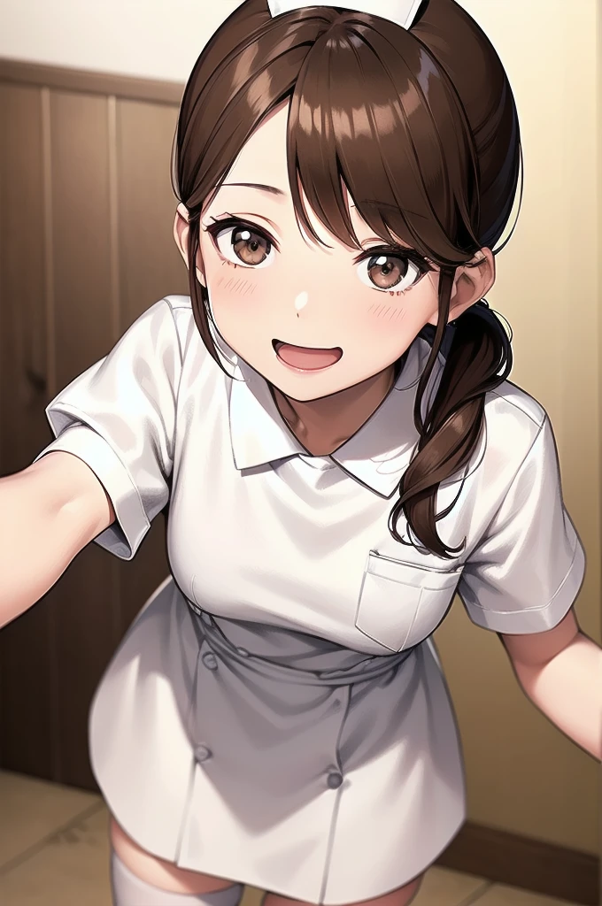 takagi-san adult, brown hair, brown eyes, parted bangs, ponytail, solo, nurse, ((white nurse cap, white nurse's outfit)), ((white legwear, zettai ryouiki)), white gloves, smile, open mouth, standing, hospital room, sharp outline, short sleeves, best quality, masterpiece