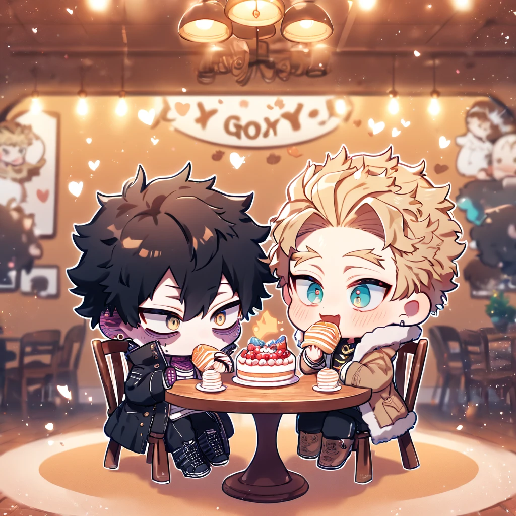 absurdres, highres, ultra detailed, HDR, master piece, best quality, extremely detailed, Hawks chibi, ash-blonde hair, expressive brown eyes, Boku No Hero Academia, Dabi chibi, black hair, expressive turquoise eyes, two boy sitting together, gay couple, yaoi, cute, black coat, brown coat with fur, magical, cafe, table, chairs, eating, cake