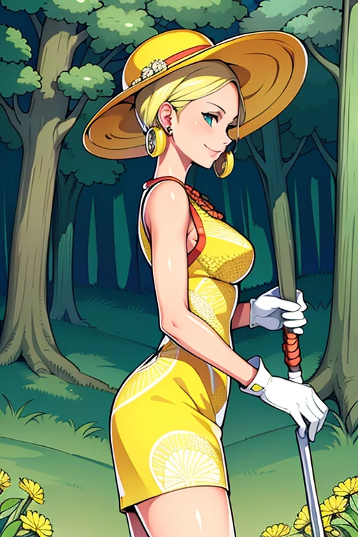 side view, full body, masterpiece, ((ultra detailed background, delicate pattern, intricate detail)), (highly detailed, fine details), best quality, beautiful lighting, ((medium breasts, slim girl)), MissValentine, 1girl, solo, blonde hair, jewelry, earrings, short hair, smile, yellow dress, gloves, umbrella, (yellow hat), blue eyes, complex detailed background, blue sky, grass, trees, nature environment, (cowboy shot),  