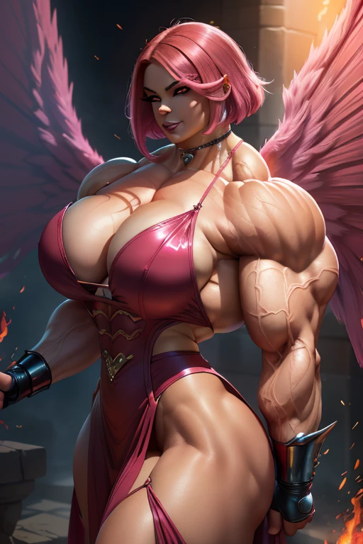 (Close-up), tall, (shocking pink hair) beautiful muscular woman, angled bob cut, light brown skinned, closed smile, (black lipstick), ((massive muscles)), (hyper muscle), ((ginormous bulky muscles)), ((glowing red eyes)), (sparkling pink cheongsam dress, long skirt), (giant angel wings), gauntlets, choker, thigh high boots, (carrying fire in the Sky)