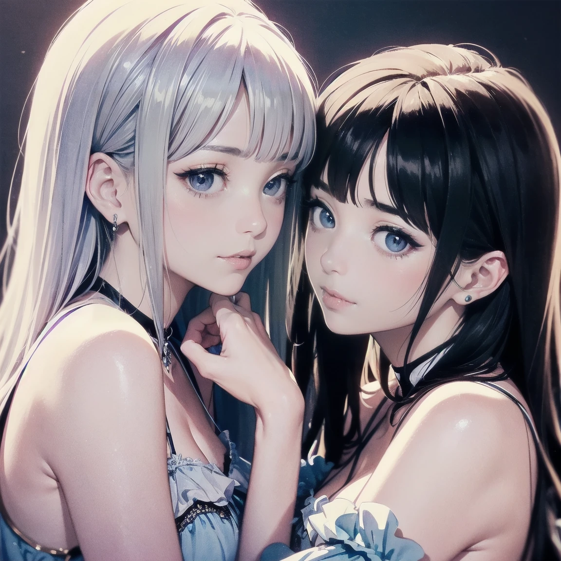 two beautiful princesses are deeply in love with each other, kiss, soft light smiles. The lovely aura of the princess captivates all who see her.effect///F（in the style of Modern European ink painting）Fluffy pastel colors.fine brushes,（XF 35mm F1.4 R,F1.4,maximum aperture,become blunt） Rough, detailed watercolour, soft and fantastic, pastel, Fluffy, (extremely fine and beautiful), (perfect detail)、(pastel color),Soft texture.(masutepiece, Best Quality), (finely detailed beautiful eye), (finely detailed eyes and detailed face),The tones are also visibly luminous.Pale blurred contours,Unobtrusive lighting, moody atmosphere,subtle highlights