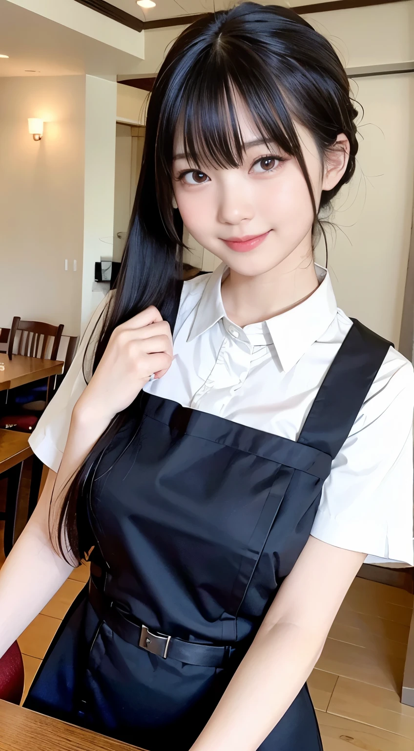 (Highest quality,masterpiece:1.3,Ultra-high resolution,),(Very detailed,Caustics),(Realistic:1.4,RAW shooting,)Ultra-Realistic Capture,Very detailed,High resolution 16K human skin closeup。 Natural skin texture、,pores、、、、It must be detailed enough to be easily identifiable。 Skin tone is even and healthy looking。 Use natural light and colour,restaurant,Waitress Uniform,1 girl,Japanese,18-year-old,cute,Black-haired,ponytail,Big Breasts,smile,Turn your body forward,(Front view:1.1),Looking into the camera,Cowboy Shot,