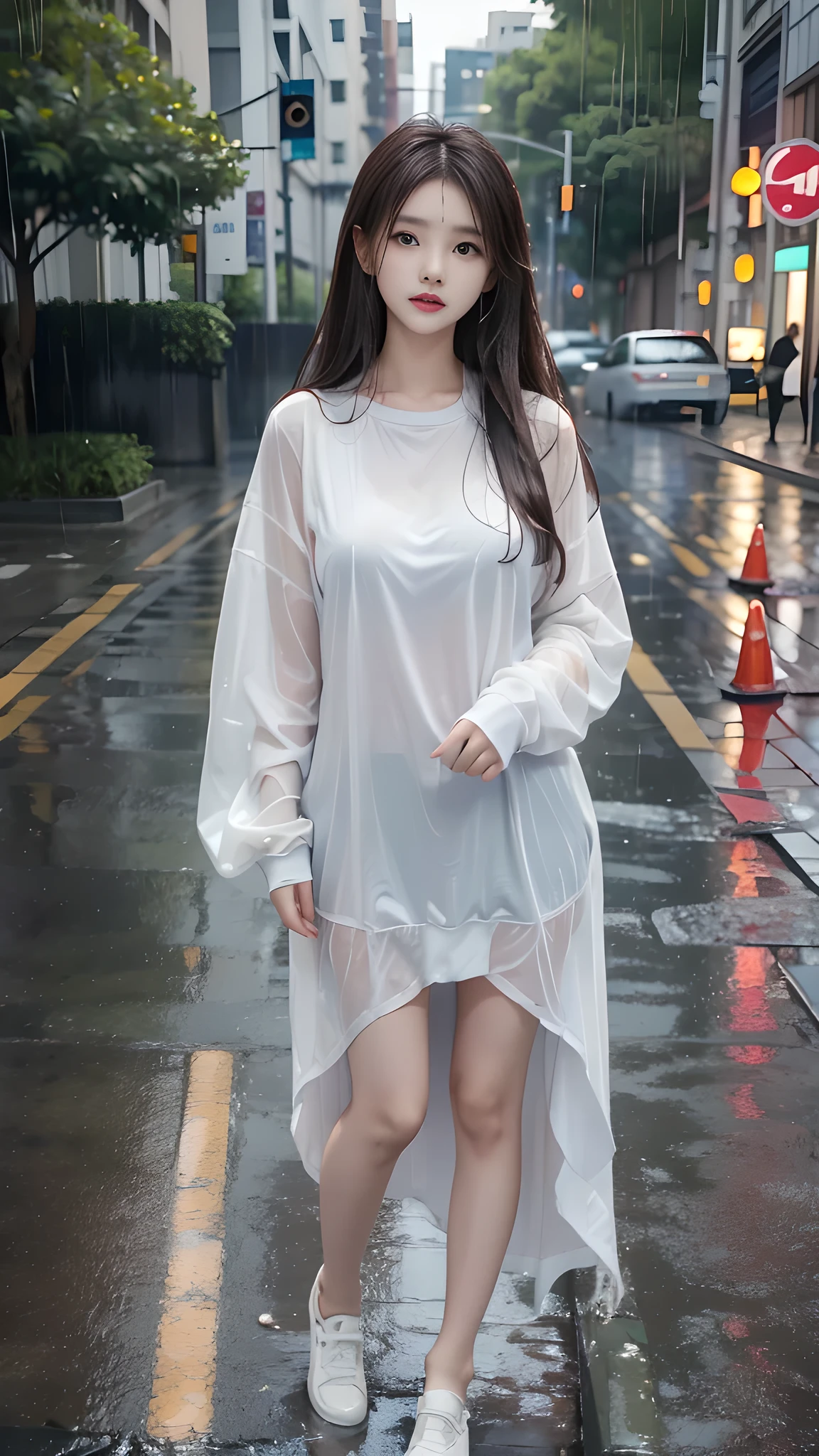 ulzzang-6500-v1.1, (RAW photo: 1.2), (Real photo), (Real photo: 1.4), 1 girl、Perfect anatomy、20 years old、Looking at the camera、Medium length hair, Wet hair in the rain, dress, ((on the street, in the rain: 1.1)), (Soaked clothes: 1.2), (Business service)、Asian eyes Ella,