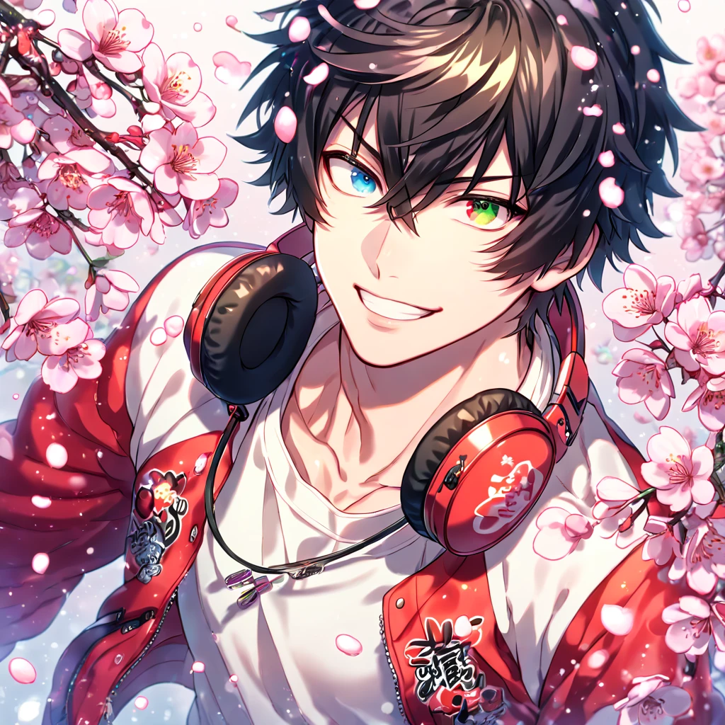 Ultra detailed, HDR, Highres, absurdres, master piece, Yamada Ichiro, black hair, heterochromia, expressive red left eye, green right eye, red varsity jacket, white hoodie, red headphone around his neck, Hypnosis Mic, sexy man, handsome, cherry, flowers, blossoms, fantasy, magical, pink leaves, snowing, handsome, sensual, best quality, glittering, solo, handsome smile,