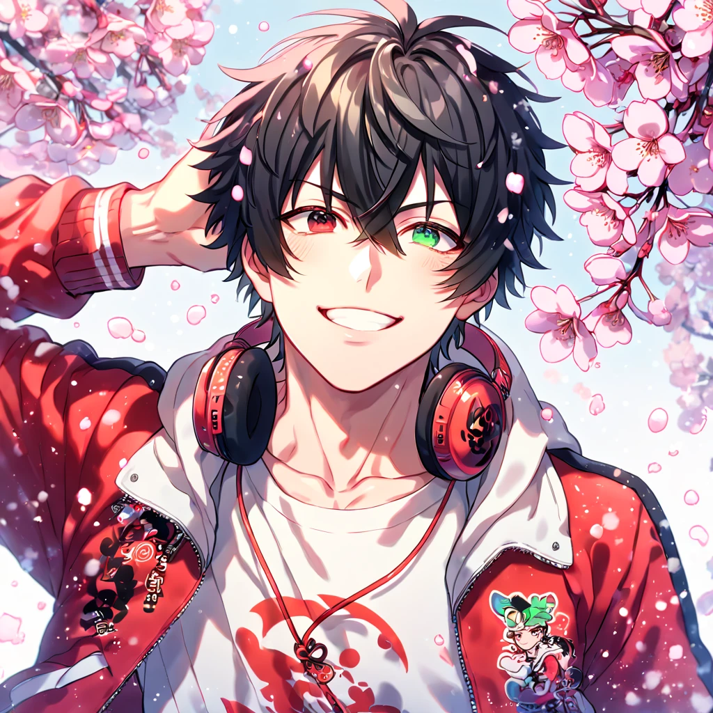 Ultra detailed, HDR, Highres, absurdres, master piece, Yamada Ichiro, black hair, heterochromia, expressive red left eye, green right eye, red varsity jacket, white hoodie, red headphone around his neck, Hypnosis Mic, sexy man, handsome, cherry, flowers, blossoms, fantasy, magical, pink leaves, snowing, handsome, sensual, best quality, glittering, solo, handsome smile,