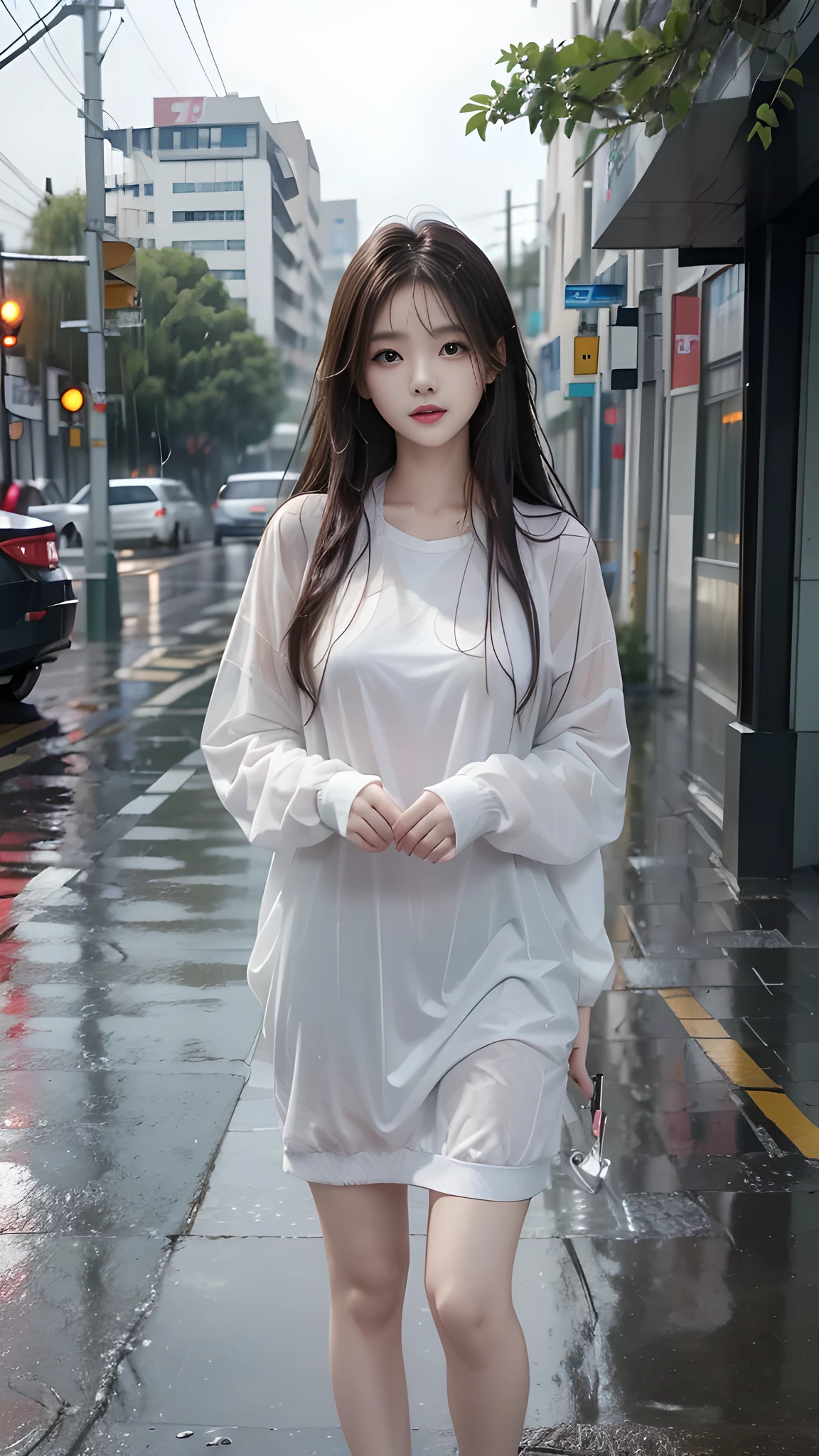 ulzzang-6500-v1.1, (RAW photo: 1.2), (Real photo), (Real photo: 1.4), 1 girl、Perfect anatomy、20 years old、Looking at the camera、Medium length hair, Wet hair in the rain, dress, ((on the street, in the rain: 1.1)), (Soaked clothes: 1.2), (Business service)、Asian eyes Ella,