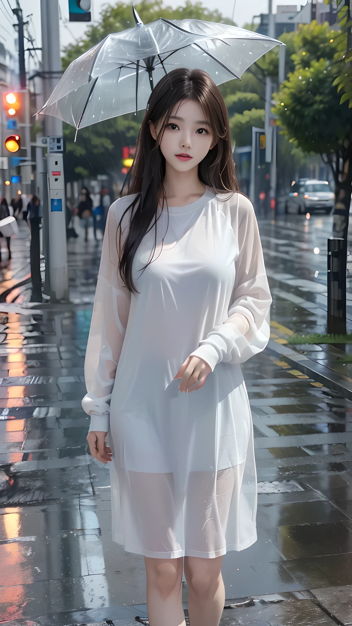 ulzzang-6500-v1.1, (RAW photo: 1.2), (Real photo), (Real photo: 1.4), 1 girl、Perfect anatomy、20 years old、Looking at the camera、Medium length hair, Wet hair in the rain, dress, ((on the street, in the rain: 1.1)), (Soaked clothes: 1.2), (Business service)、Asian eyes Ella,