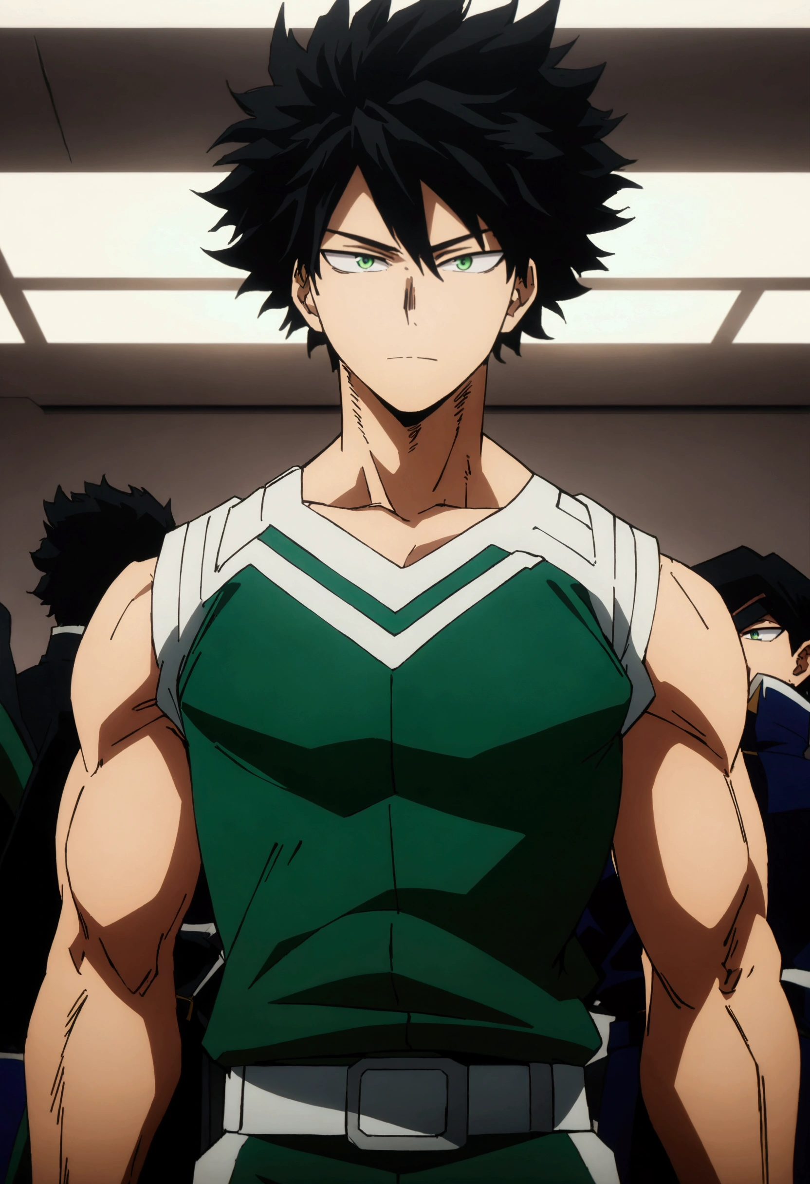 He is a 16 year old teenager, He has slightly disheveled very black hair..., somewhat light green eyes, , muscular body , anime art slyle my hero academy , sexy face, He is dressed in the anime male uniform "my hero academia", , 8k, high quality, masterpiece, , cinematic, vivid colors, shining green eyes