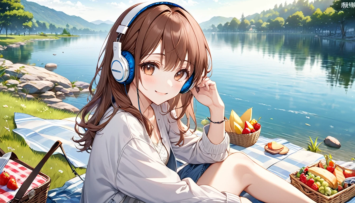 Brown-haired girl wearing headphones、Lakeside Afternoon - Highly detailed、masterpiece, Highest quality, Bright - with a tranquil lakeside background、Gentle smile、Casual clothing、Having a picnic by the lake
(Detailed fingers), (Emotional), (Breathtakingly beautiful), (main part:1.2) whole body.), (Anime Style), (Very detailed), (Brutal), (超High resolution, High resolution), (8k), (High resolution: 1.2), (Complex and beautiful: 1.2)
