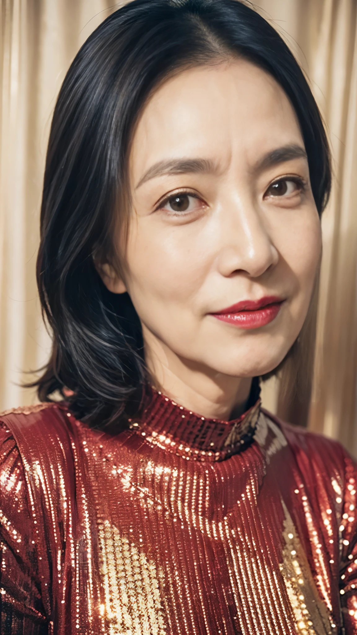 Masterpiece, ((Great focus)), Beautiful finish, Beautiful mature woman, 58-year-old woman, Face close-up, Long face, (Thin and high nose), Red lips, Thin lips, Golden sequin dress, Light from the front,