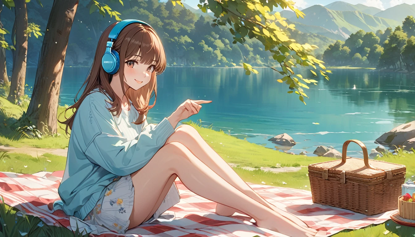Brown-haired girl wearing headphones、Lakeside Afternoon - Highly detailed、masterpiece, Highest quality, Bright - with a tranquil lakeside background、Gentle smile、Casual clothing、Having a picnic by the lake
(Detailed fingers), (Emotional), (Breathtakingly beautiful), (main part:1.2) whole body.), (Anime Style), (Very detailed), (Brutal), (超High resolution, High resolution), (8k), (High resolution: 1.2), (Complex and beautiful: 1.2)