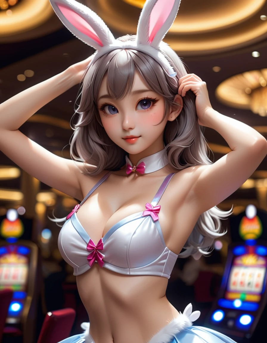 Wolf Girl、wearing a bunny girl costume、Raising both arms and showing armpits、At the Casino、Studio Lighting、Super detailed、8k