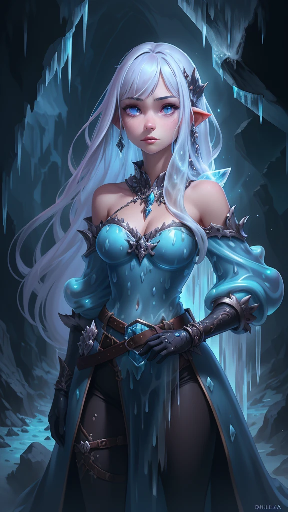 (best quality), ((masterpiece)), (highres), illustration, original, extremely detailed,1girl,( long hair:1.4) , solo, (kula diamond:1.4) , (ice:1.4) , purple eyes, breasts, gloves, hand on hip, belt, lips, ,(Fondo de ruinas de mazmorra en ruinas:1.4 ),( pose vaquero :1.4),( iluminación cinematográfica :1.4), (anatomía perfecta detallado :V2.1), Epic Fantasy Art Style HD, 4K fantasy art, epic fantasy digital art style, epic fantasy art style, Fantasy Woman, epic fantasy art portrait, Epic fantasy style, hyperrealistic fantasy art, hd fantasy art, Epic fantasy character art, epic fantasy art, in style of dark fantasy art, epic fantasy digital art,( face detailed :1.4), (ice cueva caverna slime :1.4)