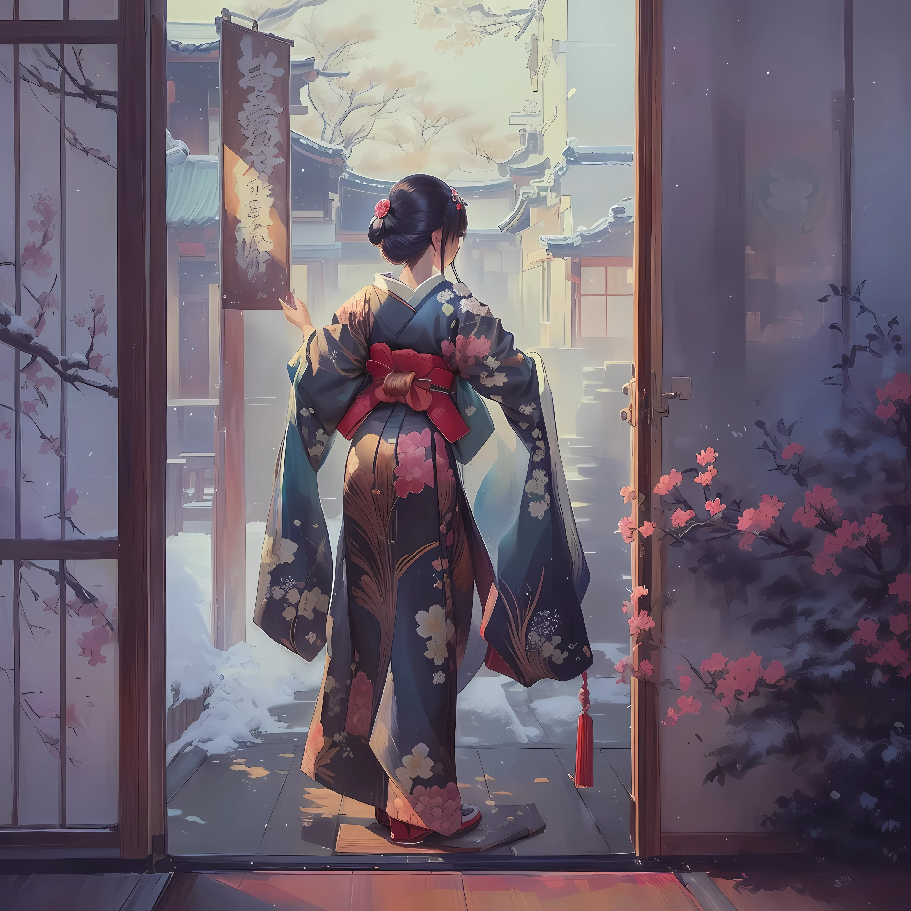A painting of a woman in a kimono standing in front of a window, artwork in the style of Gwaiz, Gwaiz masterpiece, Gwaiz, Gwaiz on pixiv artstation, Gwaiz on artstation pixiv, Beautiful artwork illustration, Beautiful anime artwork, inspired by Tosa Mitsuoki, Japanese art style, Xin Haicheng