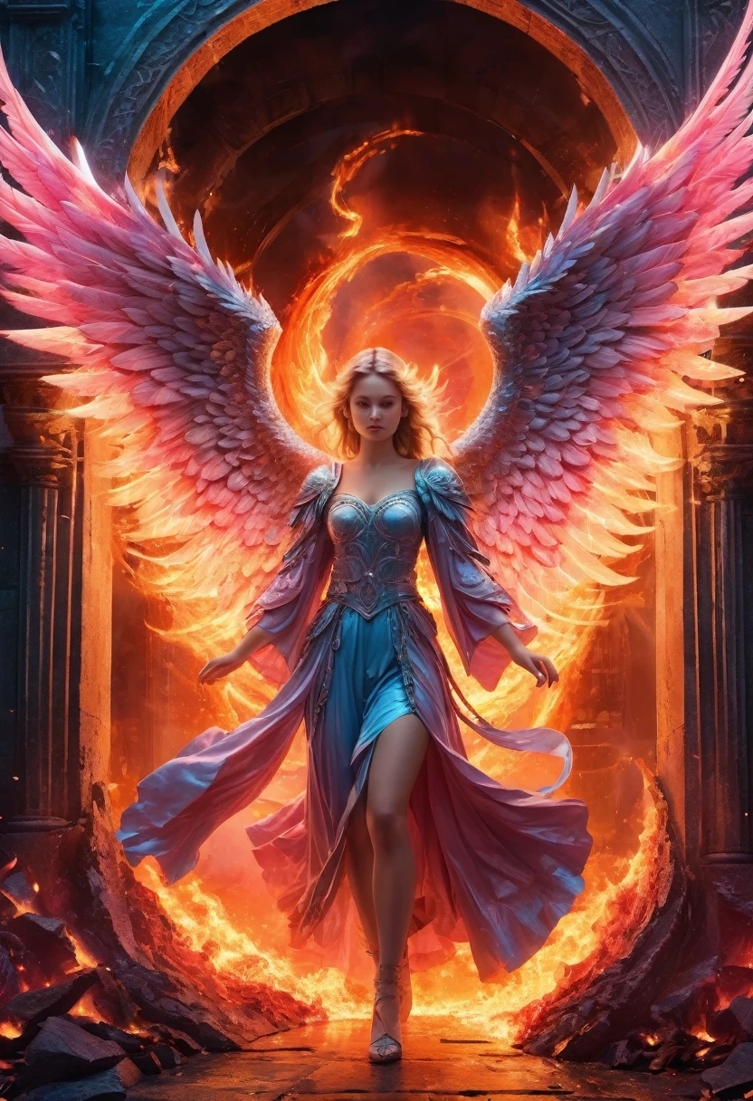 high details, best quality, 16k, [best detailed], masterpiece, best quality, (extremely detailed), a picture of a beautiful female angel, looking through  a magical portal onto hell, the portal has magical pink magical wards  on it, she sees the fiery hell and rolling inferno faize , GlowingRunes_paleblue, GLOWING STYLE, feathered wings