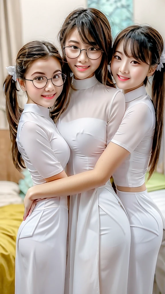 Young Face　Round glasses　Farbe々Hairstyle　Three Girls，Twin-tailed，Pigtails，，Bangs are aligned，Slightly chubby，tender，flexible，Short stature，Kuikomi Shirt，a bed，Smiling，The room is bright，Colossal tits，brownish hair