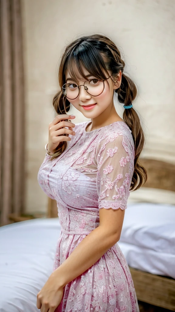 Young Face　Round glasses　Farbe々Hairstyle　Three Girls，Twin-tailed，Pigtails，，Bangs are aligned，Slightly chubby，tender，flexible，Short stature，Kuikomi Shirt，a bed，Smiling，The room is bright，Colossal tits，brownish hair