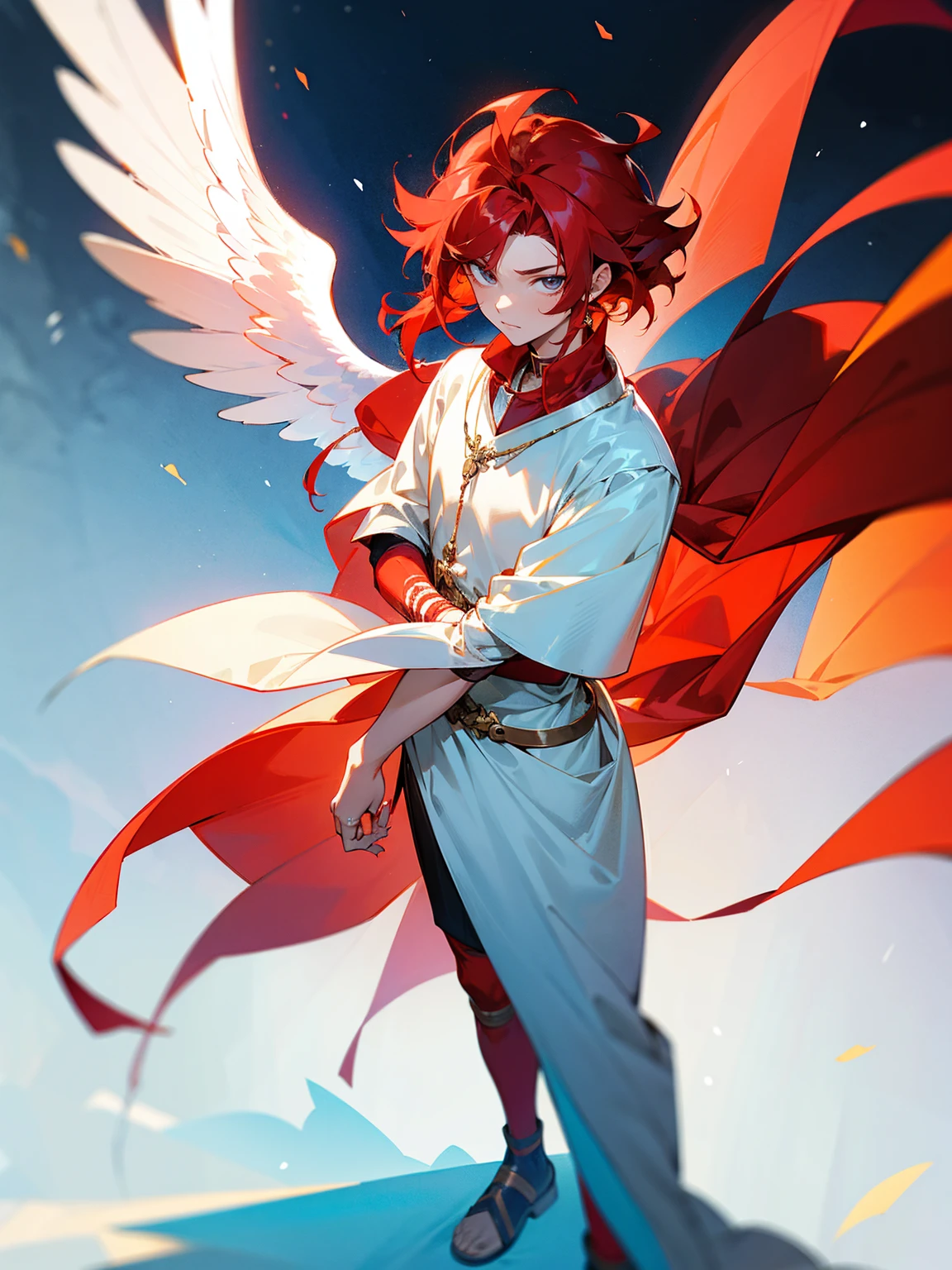 Teenage male, red hair in a tousled style, angelic tunic, confident look, standing on path, with a ring