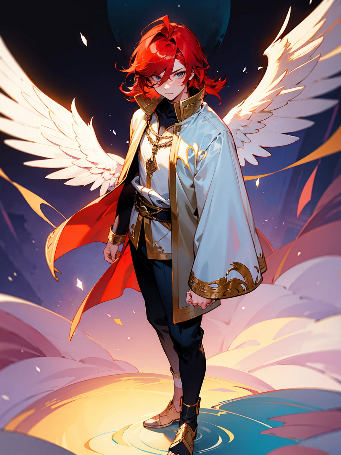 age male, red hair in a tousled style, angelic tunic, confident look, standing on path, with a ring