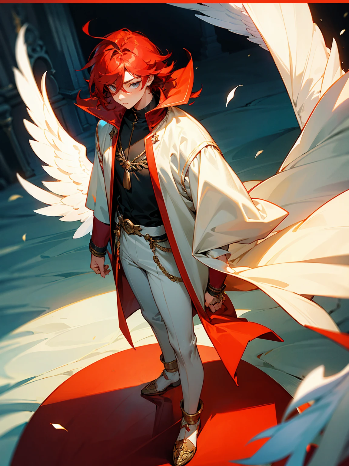 Teenage male, red hair in a tousled style, angelic tunic, confident look, standing on path, with a ring