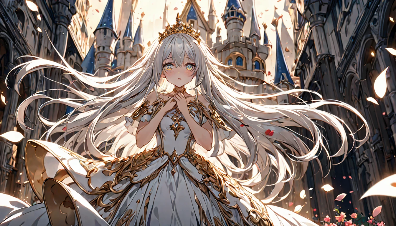 **71. One person。mysterious。Long-haired white-haired girl。Cowboy shot or close-up。
masterpiece , best quality , ultra detailed
(Detailed fingers), (Emotional), (Breathtakingly beautiful), (main part: 1.2 Whole body.), (Anime Style), (Very detailed), (Brutal), (超High resolution, High resolution), (8k), (High resolution: 1.2), (Complex and beautiful: 1.2)**
- background: Fantasy castle courtyard、Blooming profusely。
- Long-haired white-haired girl: A delicately painted royal dress、Sparkling Eyes。She is holding a golden tiara。
- Effects: The light from the tiara、Petals fluttering in the courtyard。