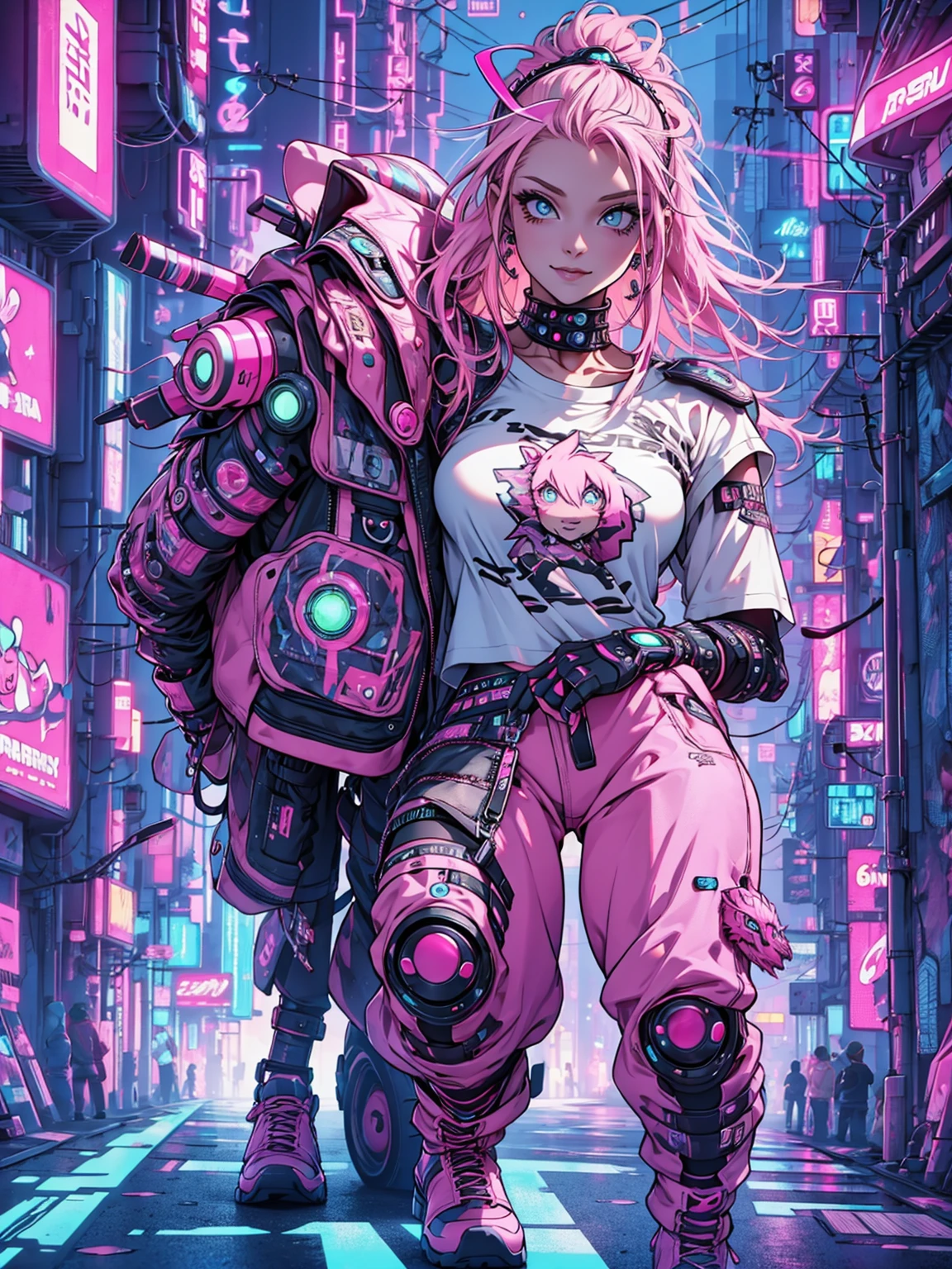 futuristic clothing, medium pink hair, blue colored eyes, pale skin, demon, claws, bangss, gothic art, full body shot shot, elegant pose, ssmile, Romanticism, work of art, anatomically correcte, high qualiy, super detaill, best qualityer, 4K, 8k, Perfect Woman, the most beautiful woman, her face has to be symmetrical and beautiful, baby pink hair, best qualityer final, beautfull woman, speech bubble, Galaxy,60s,70s,80s,colorfully,cosmo,space, detailed pink hair, ((((wear t-shirt writing ((karry66)))), (((pink cyberpunk armadura))),