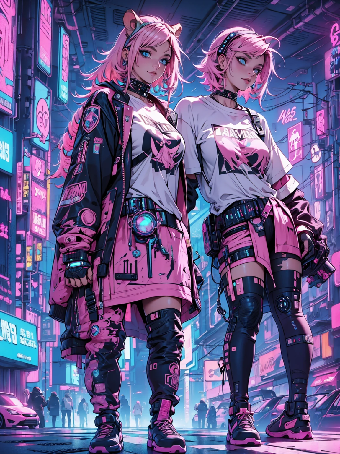futuristic clothing, medium pink hair, blue colored eyes, pale skin, demon, claws, bangss, gothic art, full body shot shot, elegant pose, ssmile, Romanticism, work of art, anatomically correcte, high qualiy, super detaill, best qualityer, 4K, 8k, Perfect Woman, the most beautiful woman, her face has to be symmetrical and beautiful, baby pink hair, best qualityer final, beautfull woman, speech bubble, Galaxy,60s,70s,80s,colorfully,cosmo,space, detailed pink hair, ((((wear t-shirt writing ((karry66)))), (((pink cyberpunk armadura))),