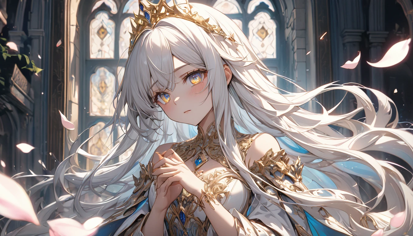 **71. One person。mysterious。Long-haired white-haired girl。Cowboy shot or close-up。
masterpiece , best quality , ultra detailed
(Detailed fingers), (Emotional), (Breathtakingly beautiful), (main part: 1.2 Whole body.), (Anime Style), (Very detailed), (Brutal), (超High resolution, High resolution), (8k), (High resolution: 1.2), (Complex and beautiful: 1.2)**
- background: Fantasy castle courtyard、Blooming profusely。
- Long-haired white-haired girl: A delicately painted royal dress、Sparkling Eyes。She is holding a golden tiara。
- Effects: The light from the tiara、Petals fluttering in the courtyard。