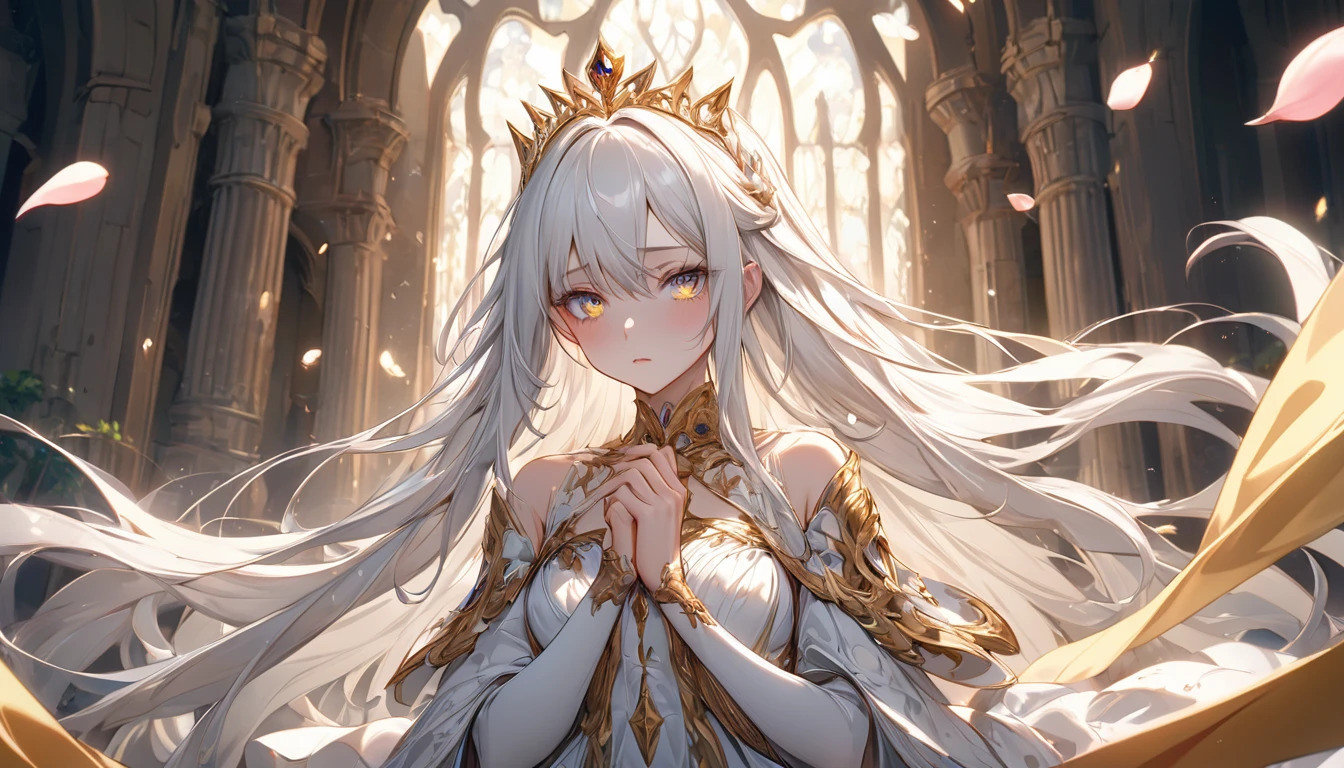 **71. One person。mysterious。Long-haired white-haired girl。Cowboy shot or close-up。
masterpiece , best quality , ultra detailed
(Detailed fingers), (Emotional), (Breathtakingly beautiful), (main part: 1.2 Whole body.), (Anime Style), (Very detailed), (Brutal), (超High resolution, High resolution), (8k), (High resolution: 1.2), (Complex and beautiful: 1.2)**
- background: Fantasy castle courtyard、Blooming profusely。
- Long-haired white-haired girl: A delicately painted royal dress、Sparkling Eyes。She is holding a golden tiara。
- Effects: The light from the tiara、Petals fluttering in the courtyard。