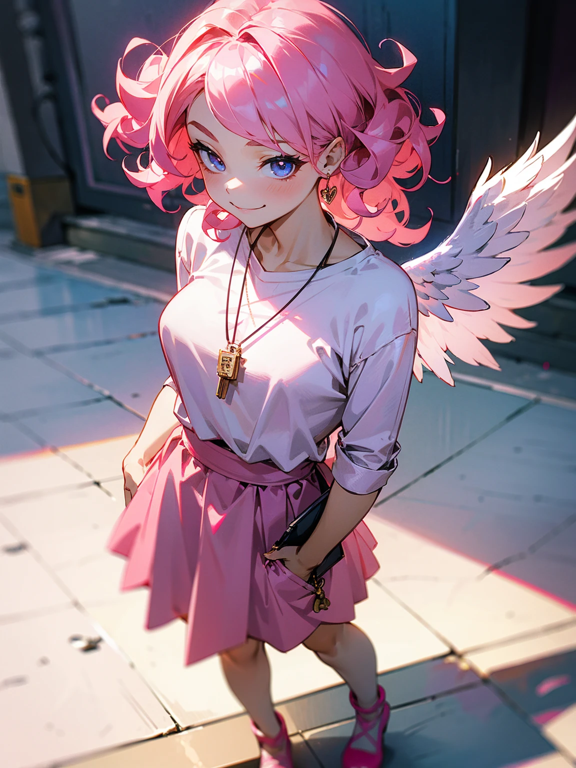 Young female, pink hair in curls, angel wings, mischievous smirk, standing on path, with a charm necklace