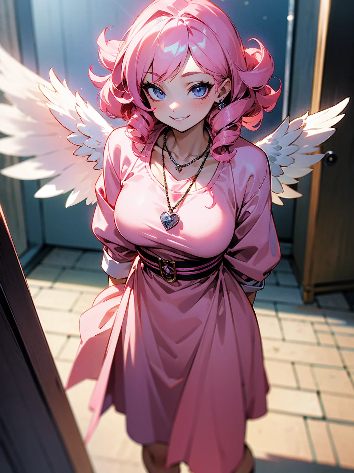Young female, pink hair in curls, angel wings, mischievous smirk, standing on path, with a charm necklace