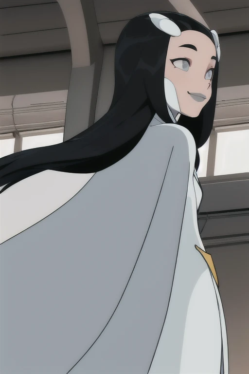 Tinya Wazzo, solo,black hair, long hair. grey eyes, smile, grey lips, white cape, best quality, masterpiece, 1girl, Masterpiece, Best Quality, Detail, room, From Behind, From Below, cape infront, beautiful cape, looking away 