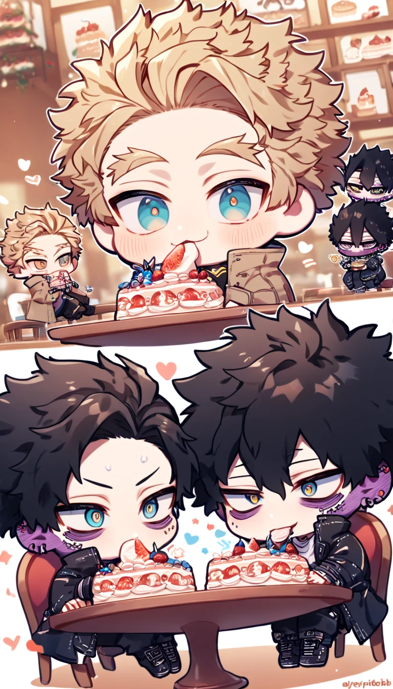 absurdres, highres, ultra detailed, HDR, master piece, best quality, extremely detailed, Hawks chibi, ash-blonde hair, expressive brown eyes, Boku No Hero Academia, Dabi chibi, black hair, expressive turquoise eyes, two boy sitting together, gay couple, yaoi, cute, black coat, brown coat with fur, magical, cafe, table, chairs, eating, cake
