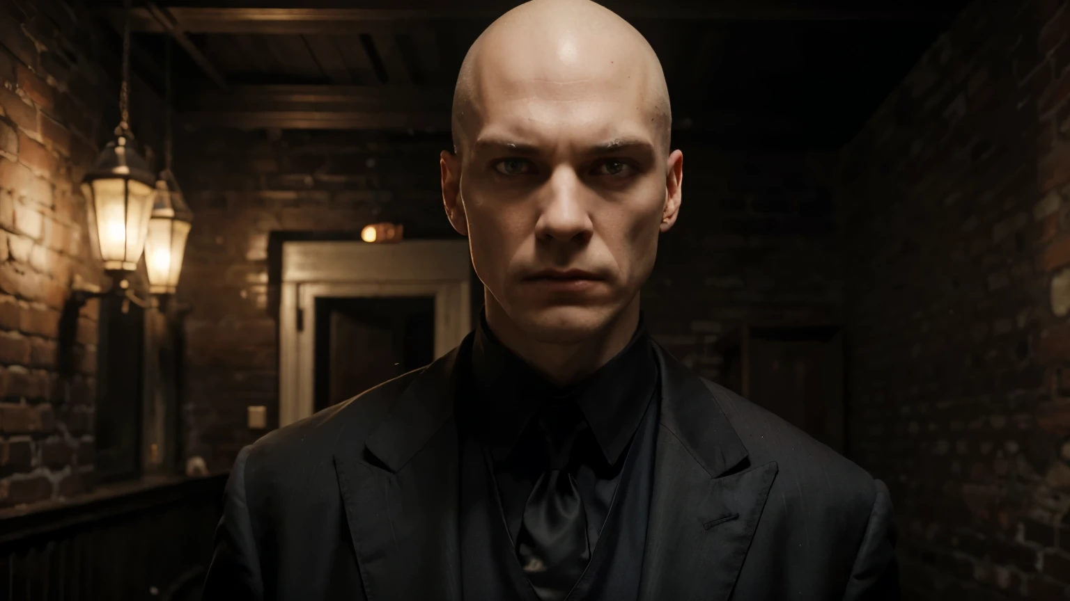 Characters: Tall, ugly, thin demonic entity.
Description: Tall and very hunched, with a slender build. Wears a well-fitted suit, with an almost shaved head, blonde hair at the base of the head, albino skin like that of a vampire. His eyes are blue and piercing, surrounded by large and dark circles. His skin is extremely pale, with visible bruises giving him a skeletal appearance. He has an evil and terrifying look.
Era: Early 20th century.
Clothing: Very old dark suit, formal but very dusty.
Location: A dimly lit room in an old building.
Action: Standing with a contemptuous expression, looking directly at the camera.
Background: Elongated shadows, walls with exposed bricks, flickering streetlight, or an old chandelier.
Type of shot: Close-up with facial details.
Style: Hyper-realistic, photo realism, cinematography, (best quality. 4k, highres:1.2), ultra detailed, (realistic:1.37)