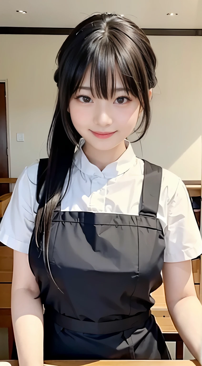 (Highest quality,masterpiece:1.3,Ultra-high resolution,),(Very detailed,Caustics),(Realistic:1.4,RAW shooting,)Ultra-Realistic Capture,Very detailed,High resolution 16K human skin closeup。 Natural skin texture、,pores、、、、It must be detailed enough to be easily identifiable。 Skin tone is even and healthy looking。 Use natural light and colour,restaurant,Waitress Uniform,1 girl,Japanese,18-year-old,cute,Black-haired,ponytail,Big Breasts,smile,Turn your body forward,(Front view:1.1),Looking into the camera,Cowboy Shot,