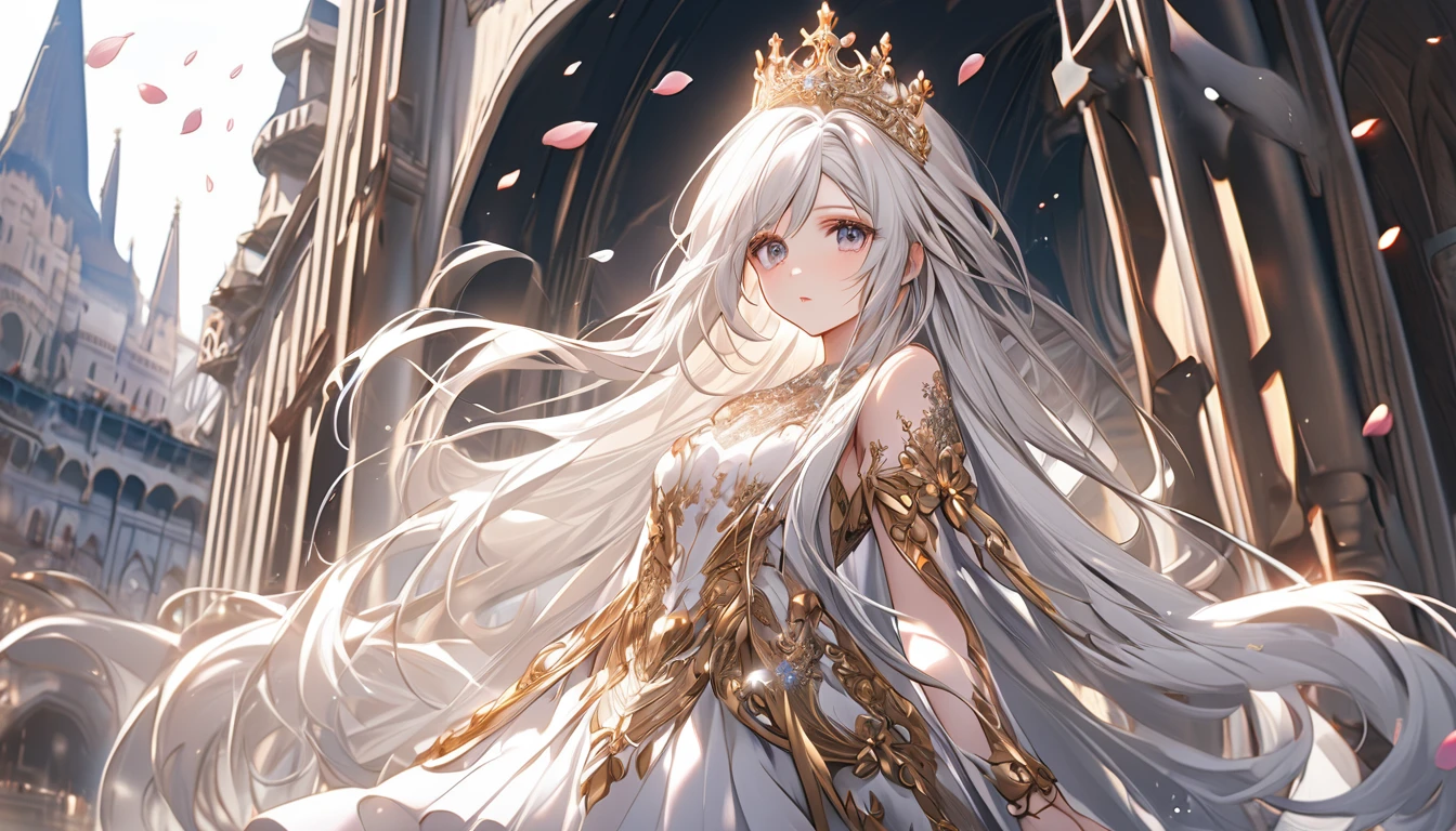 **71. One person。mysterious。Long-haired white-haired girl。Cowboy shot or close-up。
masterpiece , best quality , ultra detailed
(Detailed fingers), (Emotional), (Breathtakingly beautiful), (main part: 1.2 Whole body.), (Anime Style), (Very detailed), (Brutal), (超High resolution, High resolution), (8k), (High resolution: 1.2), (Complex and beautiful: 1.2)**
- background: Fantasy castle courtyard、Blooming profusely。
- Long-haired white-haired girl: A delicately painted royal dress、Sparkling Eyes。She is holding a golden tiara。
- Effects: The light from the tiara、Petals fluttering in the courtyard。