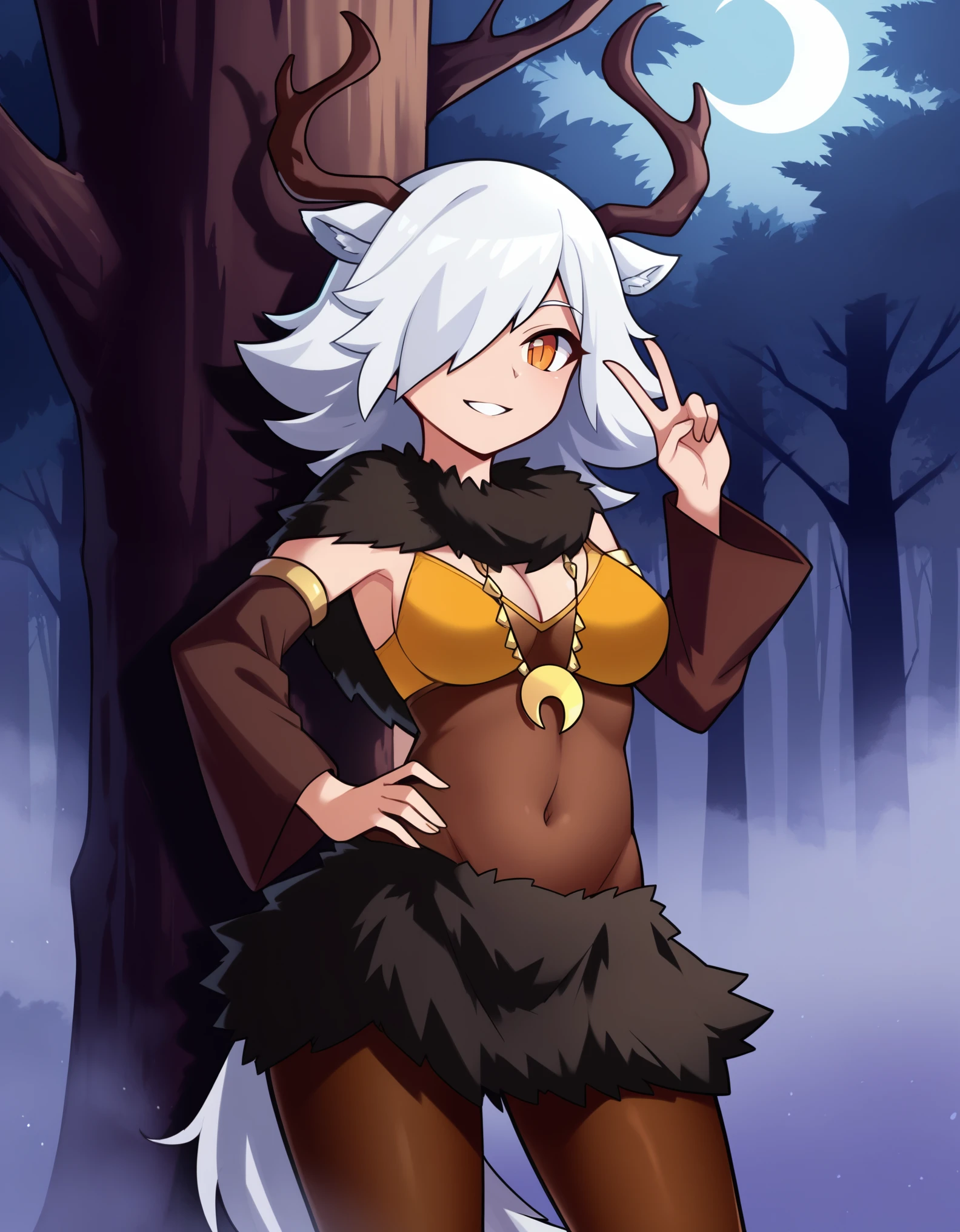 1girl,solo,deer girl,antlers,white hair,animal ears,tail,hair over one eye,orange eyes,slit pupils,crescent moon necklace,fur capelet,brown shirt,yellow bikini top,fur skirt,brown legwear,detached sleeves,
forest,outdoors,bare tree,fog,
looking at viewer,smile,hand up,v,hand on own hip,standing,back against tree,, score_9, score_8_up, score_7_up, perfect anatomy, source_anime, zPDXL2,