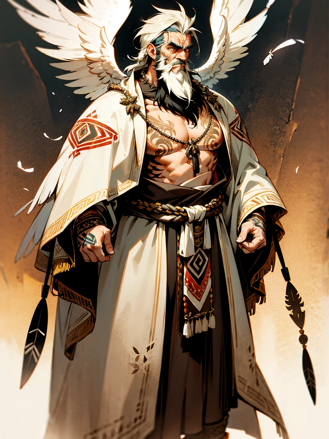 Older male, rugged features with a beard, tribal tattoos, angelic cloak, stern expression, standing on path, with a feather necklace