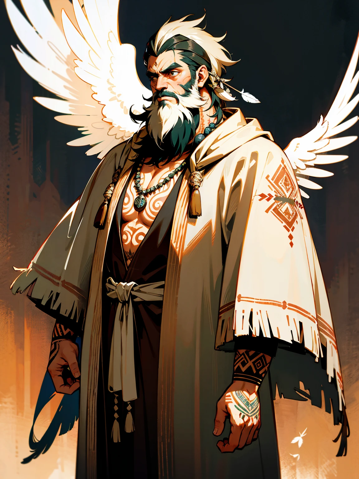 Older male, rugged features with a beard, tribal tattoos, angelic cloak, stern expression, standing on path, with a feather necklace