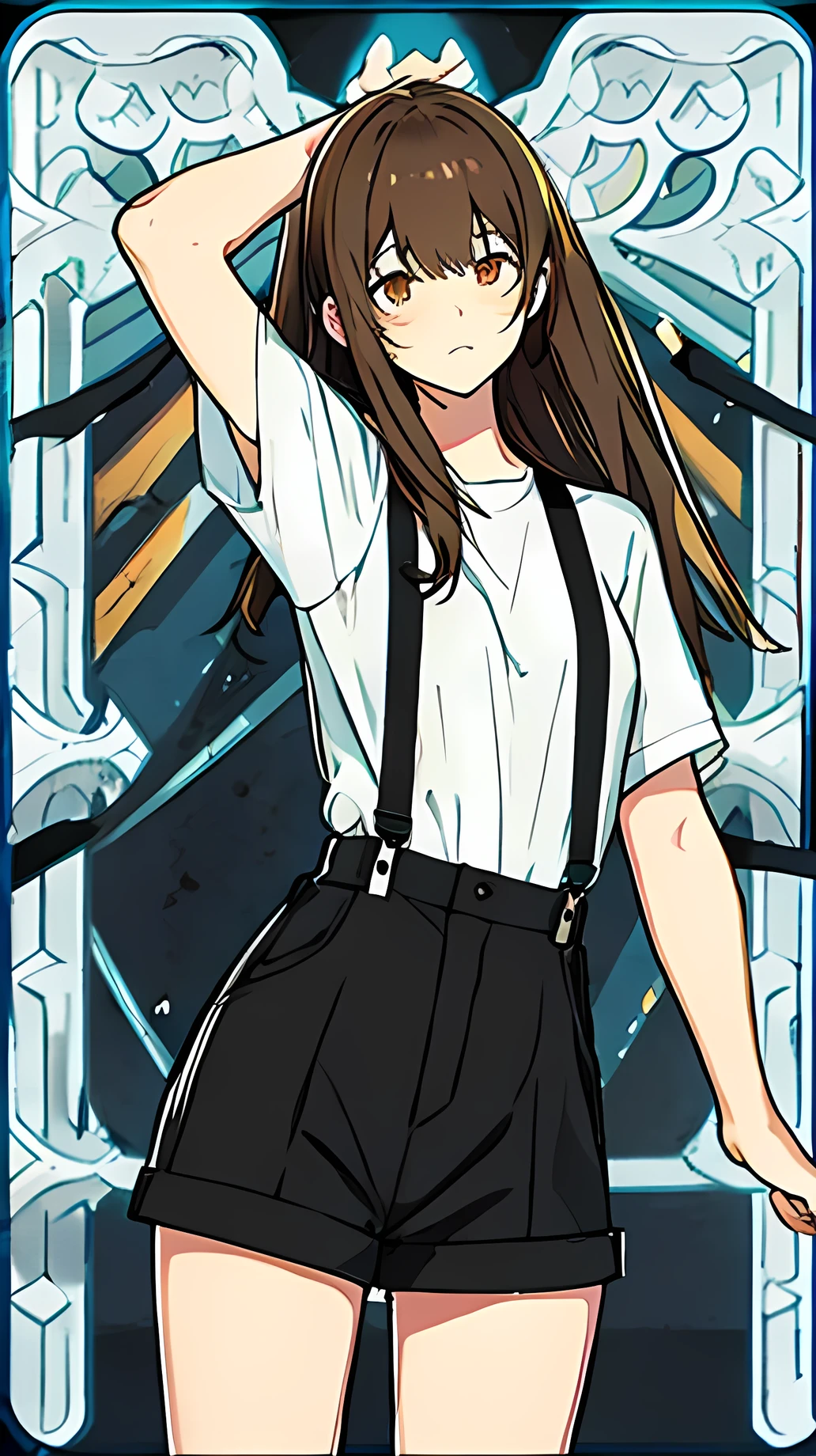 anime girl 20 years old with narrow eyes of different colors yellowish-green and dark ochre, a smoll mole under the eye, bruises under the eye, faint freckles only on the nose, straight dark brown hair below the shoulders, long bangs covering the left eye, pale skin, tired look, breasts of the second size, low height, white shirt, black shorts with suspenders
