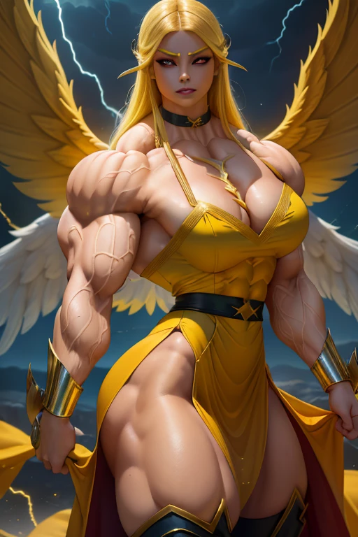 (Close-up), tall, (yellow hair) beautiful muscular Latin woman, long flowing hair, light brown skinned, closed smile, (black lipstick), ((massive muscles)), (hyper muscle), ((ginormous bulky muscles)), ((glowing red eyes)), (sparkling yellow cheongsam dress, long skirt), (giant angel wings), gauntlets, choker, thigh high boots, (carrying lightning in the Sky)