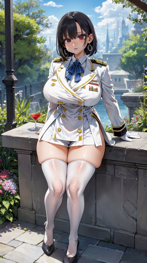 Face Focus , ((Highest quality)), ((Tabletop)), Perfect Face, （((White knee-highs))) ,   Official Art,Black knee-high socks,Beautiful Face,Standing posture,White tights,((((Thick thighs)))),short hair,Black Hair,Plump,((((uniform)))),((((Black gloves)))),Earrings,(Huge breasts),Standing posture,valley,Shorts,blue sky,Outdoor,garden,Red Eyes,Estrus,Sweat,See-through