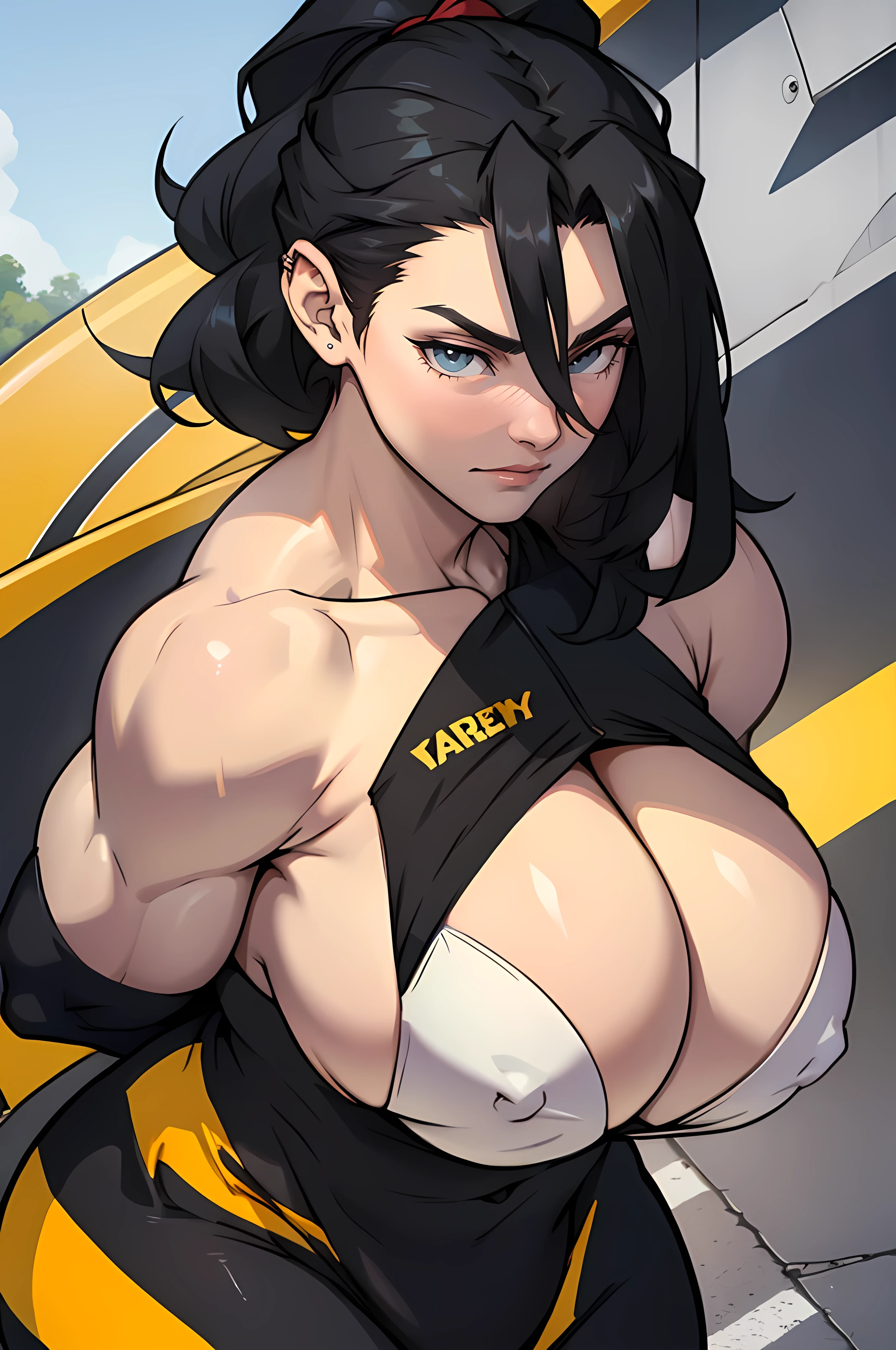 black hair yellow eyes pale skin large breasts (((Massive Female Bodybuilder))) sad