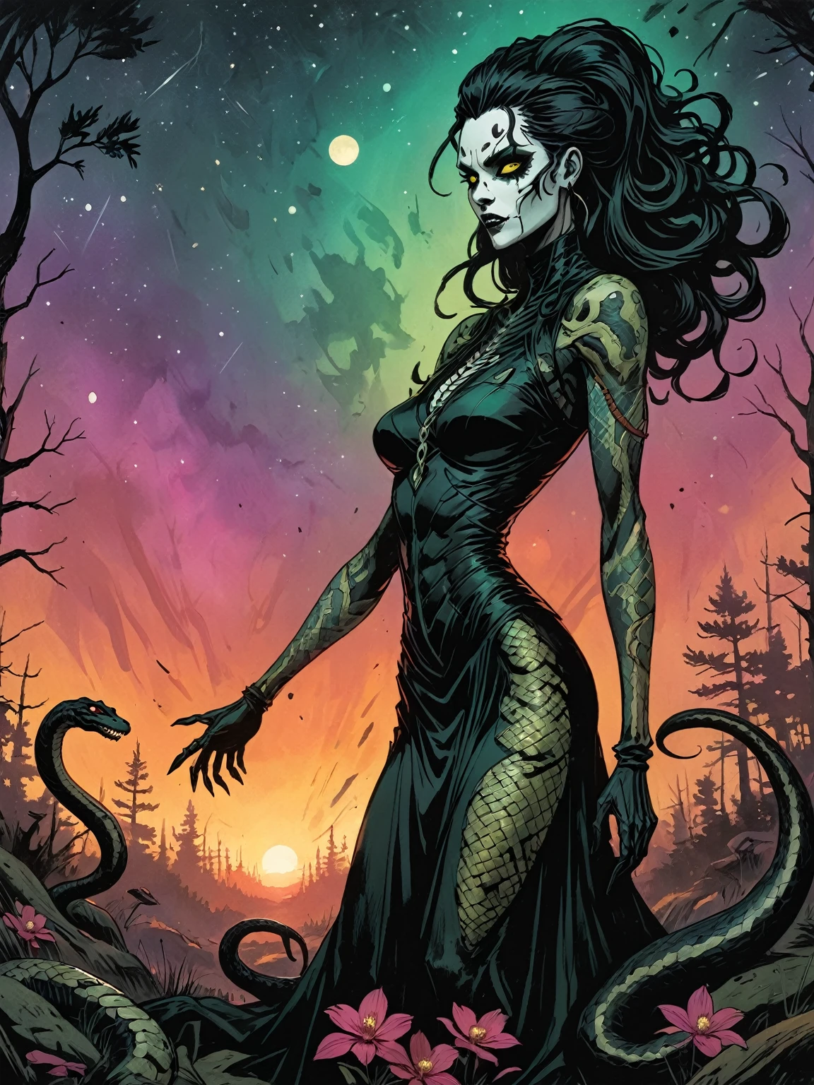 ((Medusa, gorgoneion, (face, ornate black-metal corpse-paint, resembles Grace Jones), morphology anatomy drawn Frederic Delavier musculature anatomical illustration, snake skin dress, (body, Naga, snakefolk, lower body snake tail, snake woman hybrid, bald, hairless, skeleton, snake skin tattoos, piercing eyes, snake pupils, living snakes on head, snake-hair, serpent-hair over the shoulder) )), ((splash page comic cover art, ink style figure, (expressive Joelle Jones and "Sean Gordon Murphy" comic drawing), abyss void black, no visibility darkness, wordless, (background, pine barrens, entropy, rewilding, magic hour sunset, galaxy stars, cosmos), cinematic poster, full length portrait, candid, (Gerardo Zaffino charcoal), (colors, bleak muted deep fiery radiant glowing ROYGBIV, forest green, earth brown) (horror, abstract, surreal, body, cosmic), subliminal orchids, nyctophobia, silhouette, double exposure, image within image, craftsmanship nuance, unfinished expressive rough-sketch ))