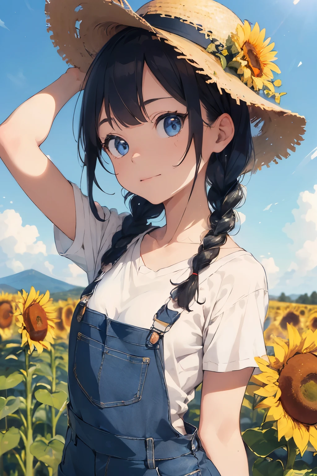((Highest quality)), ((masterpiece)), (detailed), (Japanese),10 years old, Black Hair,(Childish face), (twin braids), Girl ,Medium Breasts, Denim Overalls,(topless), ((Blue eyes)),half-smile , Sunlight, from_behind, ((arched back)), (extreme_close_up) ,upper body ,Sunflower field ,Straw hat,