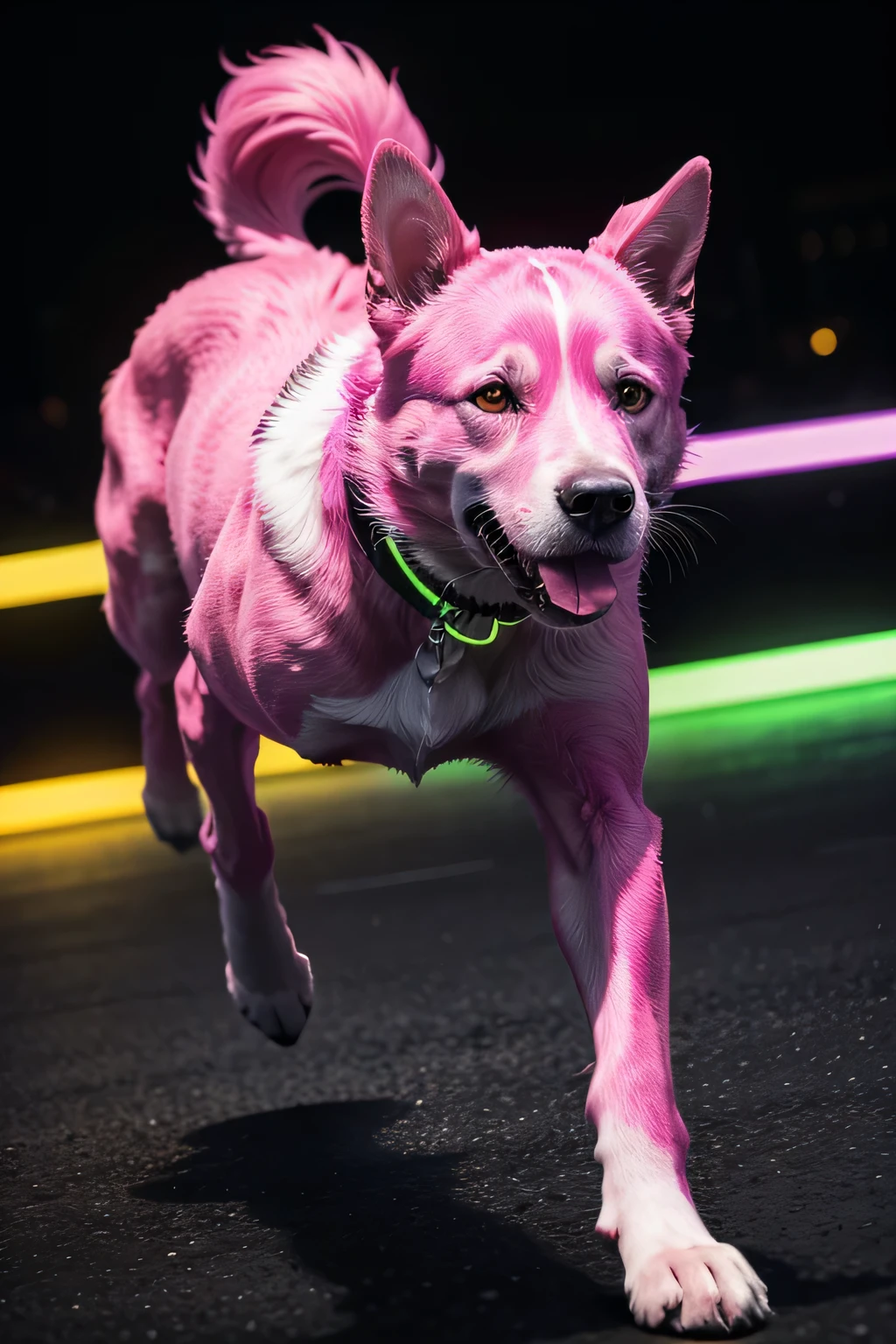 Create a vibrant image of a dog in neon style. Use bright, contrasting colors like neon pink, Electric Blue, lime green and fluorescent purple. The dog must be in a dynamic pose, maybe running or jumping, with lines and contours that shine intensely, highlighting the energy and movement of the animal. Add a dark background to make the neon colors stand out even more.
