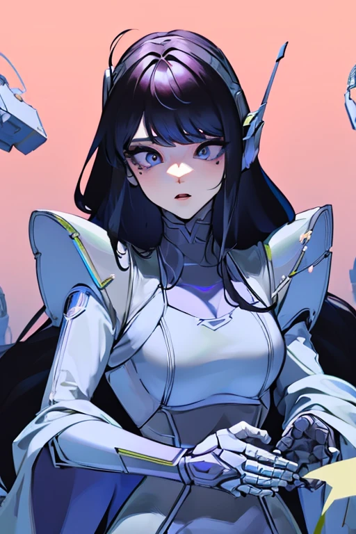 empty eyes,robot화된 여성 ,big bust,robot 조인트 ,Metal skin,long hair,suit that covers the entire body,mechanization,robot,robot 귀,visor,Android