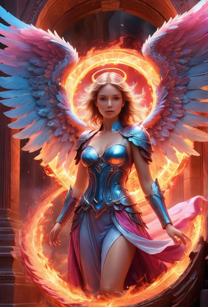 high details, best quality, 16k, [best detailed], masterpiece, best quality, (extremely detailed), a picture of a beautiful female angel, looking through  a magical portal onto hell, the portal has magical pink magical wards  on it, she sees the fiery hell and rolling inferno faize , GlowingRunes_paleblue, GLOWING STYLE, feathered wings
